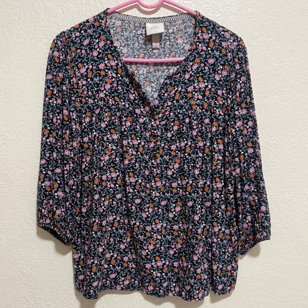 Knox Rose Womens Floral Henley Blouse 3/4 Sleeve Black Pink Orange Small RN17730